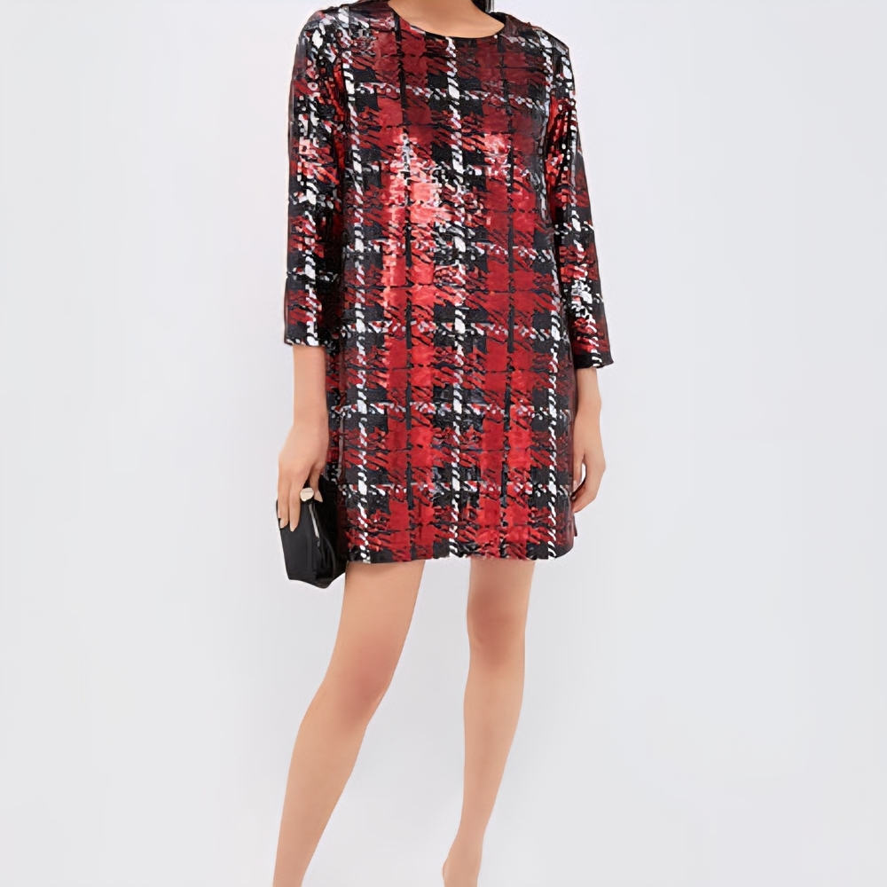 Tuckernuck NWT Sequin Red Plaid Houndstooth Pierre Holiday Shift Dress Medium